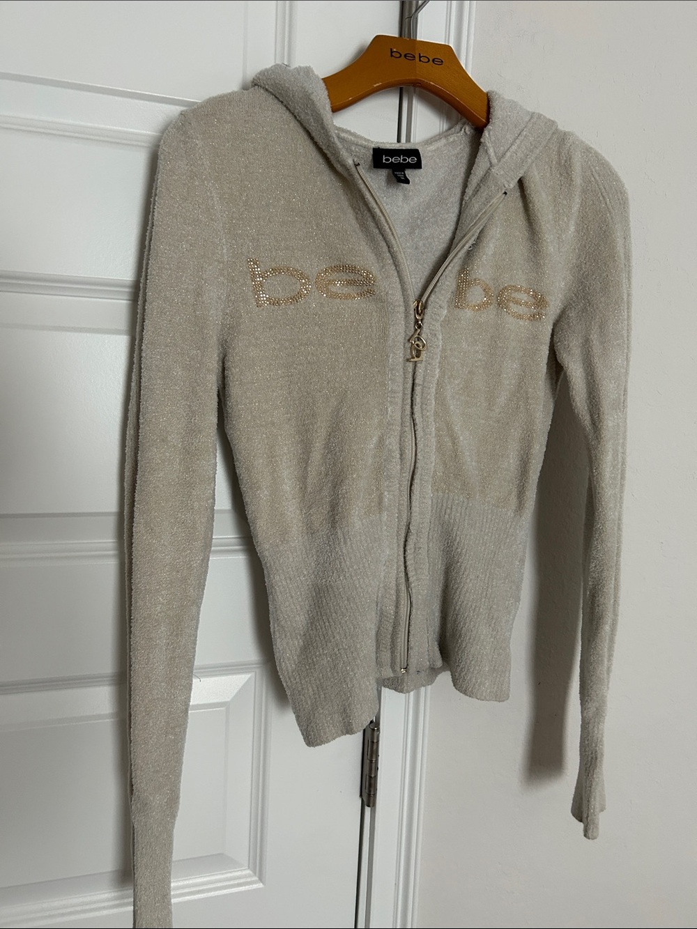 bebe Cream Hooded Zip Cardigan with Gold Stud Logo